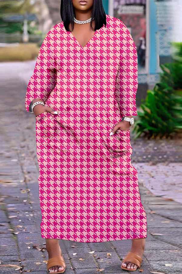 Vestidos rectos con cuello en V y patchwork con estampado de calle informal rosa