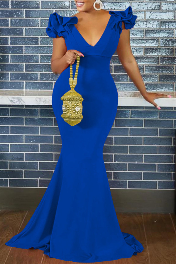 Синее сексуальное повседневное однотонное платье в стиле пэчворк с V-образным вырезом, длинное платье, платья