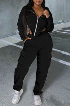 Negro casual sólido patchwork asimétrico con capucha cuello manga larga dos piezas