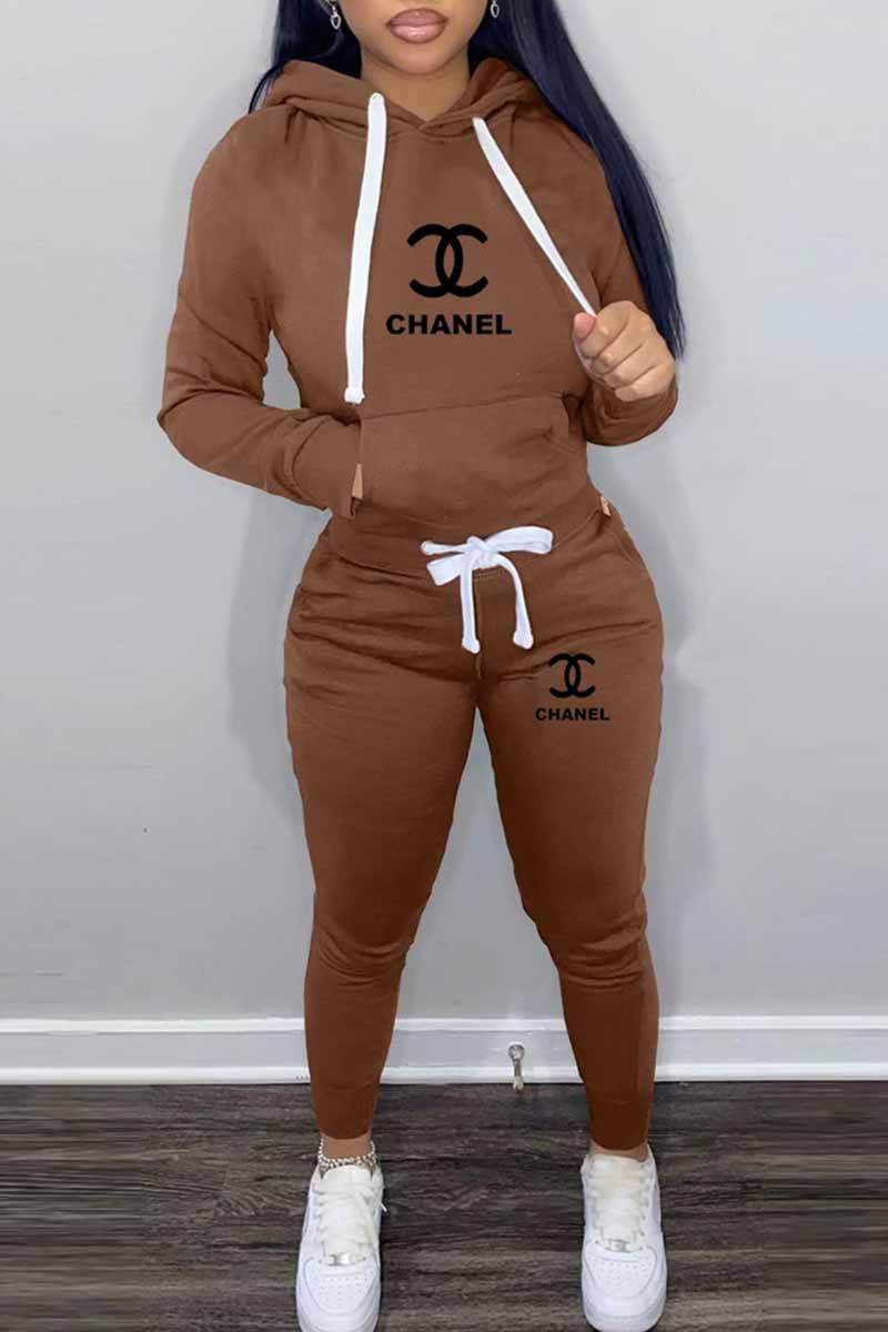 

Coffee Casual Print Letter Hooded Collar Long Sleeve Two Pieces