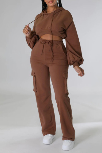Brown Casual Solid Patchwork Hooded Collar Long Sleeve Two Pieces