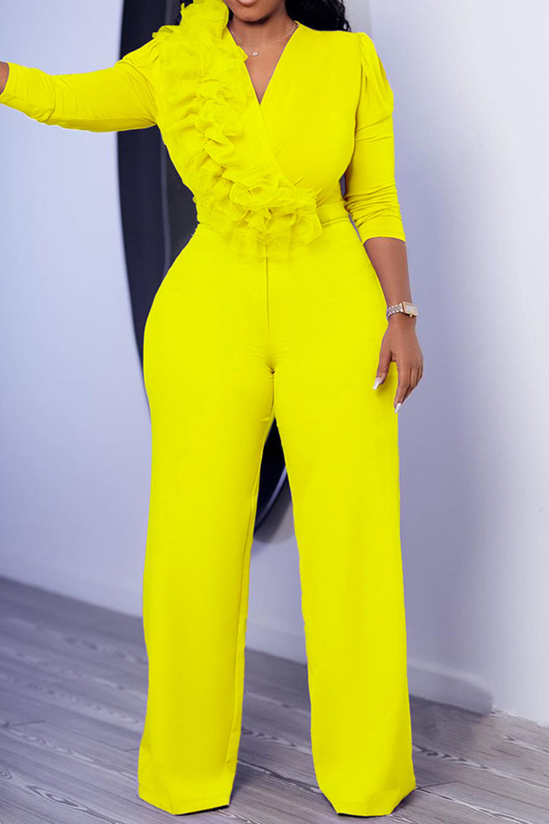 

Yellow Elegant Solid Patchwork Appliques V Neck Jumpsuits