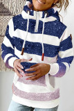 Deep Blue Casual Print Patchwork Hooded Collar Tops