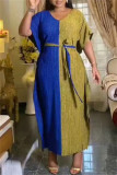 パープル カジュアル ソリッド パッチワーク Vネック ロング ドレス ドレス