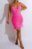 ピンクのセクシーなパッチワーク ホット ドリル バックレス スパゲッティ ストラップ ノースリーブ ドレス ドレス