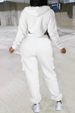 ホワイト カジュアル ソリッド パッチワーク 非対称 フード付き 襟 長袖 XNUMXピース