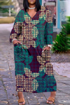 Grön Casual Street Print Patchwork V-hals raka klänningar