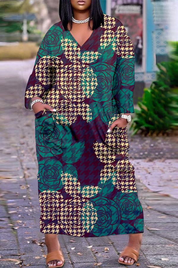 Vestidos retos casuais verdes com estampa de rua patchwork decote em v