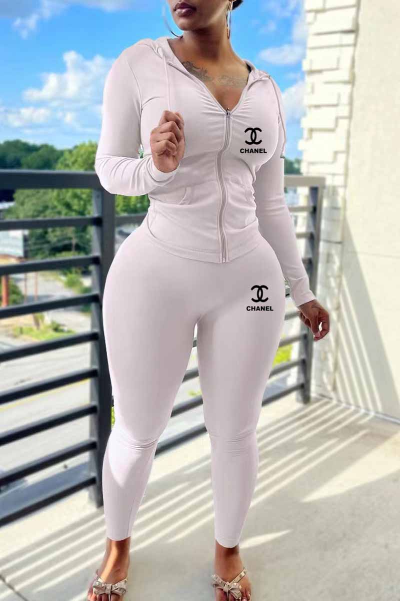 

White Casual Print Letter Hooded Collar Long Sleeve Two Pieces