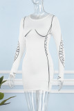 Weiß Sexy Casual Print Basic O-Ausschnitt Langarm-Kleider