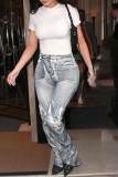 Jeans jeans cinza claro com estampa de rua patchwork cintura alta