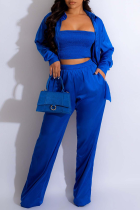 Blue Casual Solid Patchwork Turndown Collar Long Sleeve Three Pieces