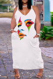 Jaune Blanc Sexy Casual Plus Size Print Backless V Neck Sling Dress