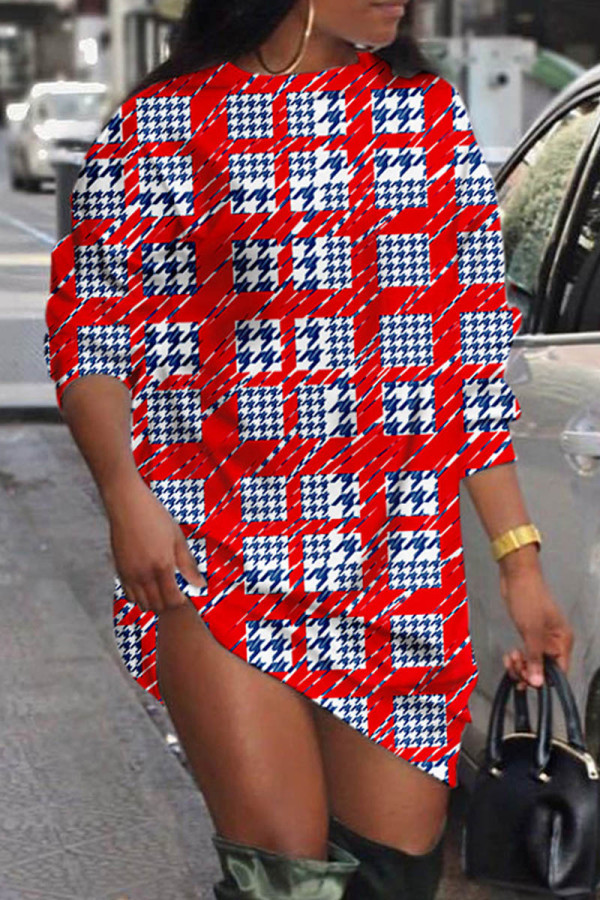 Vestidos de manga larga con cuello en O de patchwork con estampado casual rojo