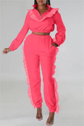 Pink Casual Solid Patchwork Zipper Collar Long Sleeve Two Pieces