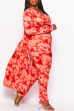 Gilet cardigan con stampa casual rossa Pantaloni o collo Plus Size in tre pezzi