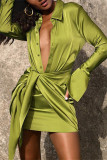 Olive Green Sexy Casual Solid Patchwork Turndown Collar Long Sleeve Dresses