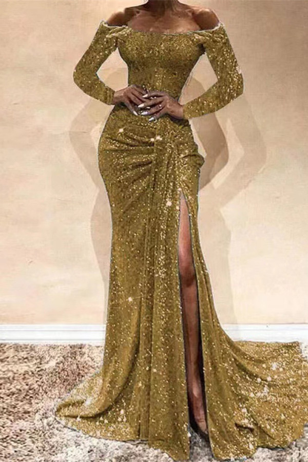 Золотое сексуальное вечернее платье в стиле пэчворк с разрезом и открытыми плечами Платья
