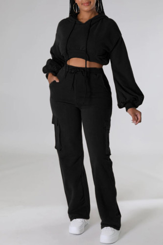 Black Casual Solid Patchwork Hooded Collar Long Sleeve Two Pieces