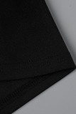 ブラック カジュアル ソリッド パッチワーク ドローストリング O ネック プラスサイズ ツーピース