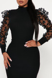 Negro elegante sólido patchwork transparente medio cuello alto lápiz falda vestidos