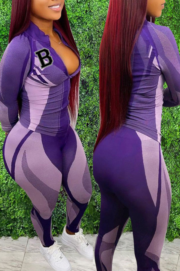 Vêtements de sport décontractés violet imprimé Patchwork Cardigan à fermeture éclair col manches longues deux pièces
