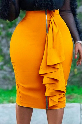 Saia cintura alta skinny casual patchwork sólido amarelo