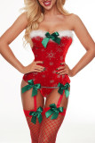Красный сексуальный принт в стиле пэчворк без спинки с бантом Рождественское белье
