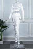 Witte casual sportkleding print patchwork O-hals lange mouw twee stukken
