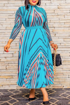 Blauwe elegante print patchwork vouw O-hals A-lijn jurken