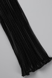 Vestidos rectos con cuello en O y pliegues en patchwork sólido informal negro