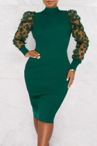 Vestidos de falda de lápiz de cuello alto transparentes de patchwork sólido elegante verde