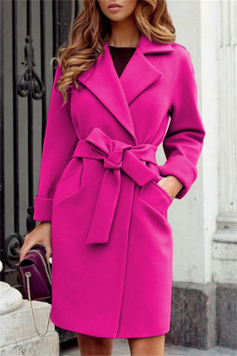Prendas de abrigo con cuello vuelto de cárdigan sólido casual rojo rosa