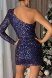 Blue Sexy Patchwork Hollowed Out Sequins Backless Oblique Collar Long Sleeve Dresses