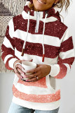 Dark Red Casual Print Patchwork Hooded Collar Tops