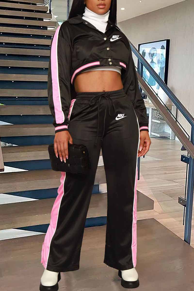 

Black Street Print Patchwork Turndown Collar Long Sleeve Two Pieces