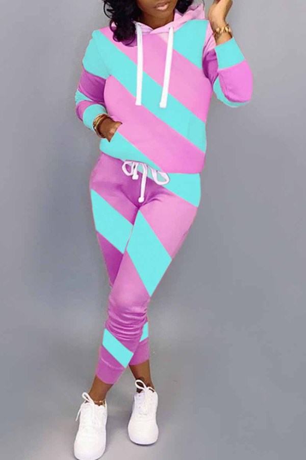 Pink Casual Fluorescent Patchwork Two Piece Suits crayon Manches longues