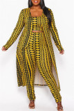 Chaqueta de punto con estampado casual amarillo Chalecos Pantalones O Cuello Conjunto de tres piezas de talla grande