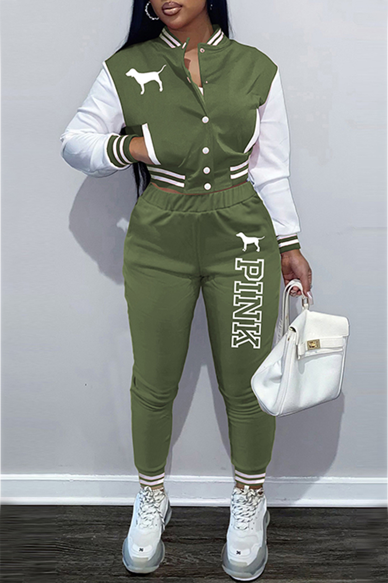

Army Green Street Print Letter Mandarin Collar Long Sleeve Two Pieces