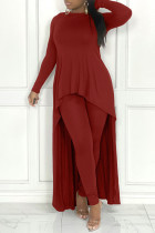 Red Casual Solid Patchwork Asymmetrical O Neck Long Sleeve Two Pieces