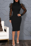 Negro elegante sólido patchwork transparente medio cuello alto lápiz falda vestidos