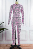 Pink Casual Print Patchwork Half A Turtleneck Long Sleeve Two Pieces