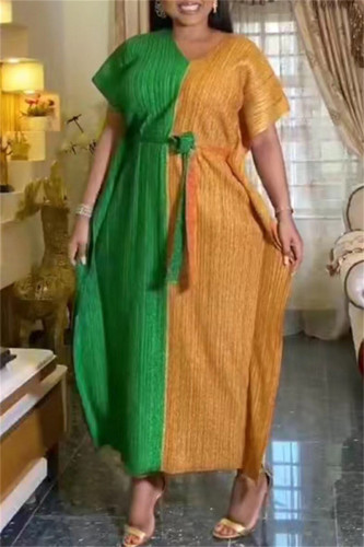 Зеленое повседневное однотонное длинное платье в стиле пэчворк с V-образным вырезом Платья