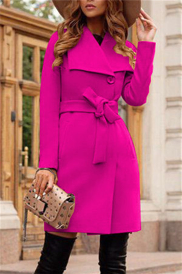 Vêtement d'extérieur à col rabattu et patchwork uni décontracté rose rouge
