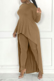 Brown Casual Solid Patchwork Asymmetrical O Neck Long Sleeve Two Pieces