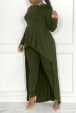 Army Green Casual Solid Patchwork Asymmetrical O Neck Long Sleeve Two Pieces