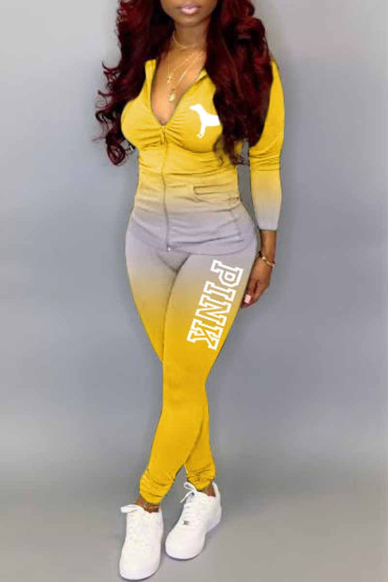 

Yellow Casual Print Letter Hooded Collar Long Sleeve Two Pieces