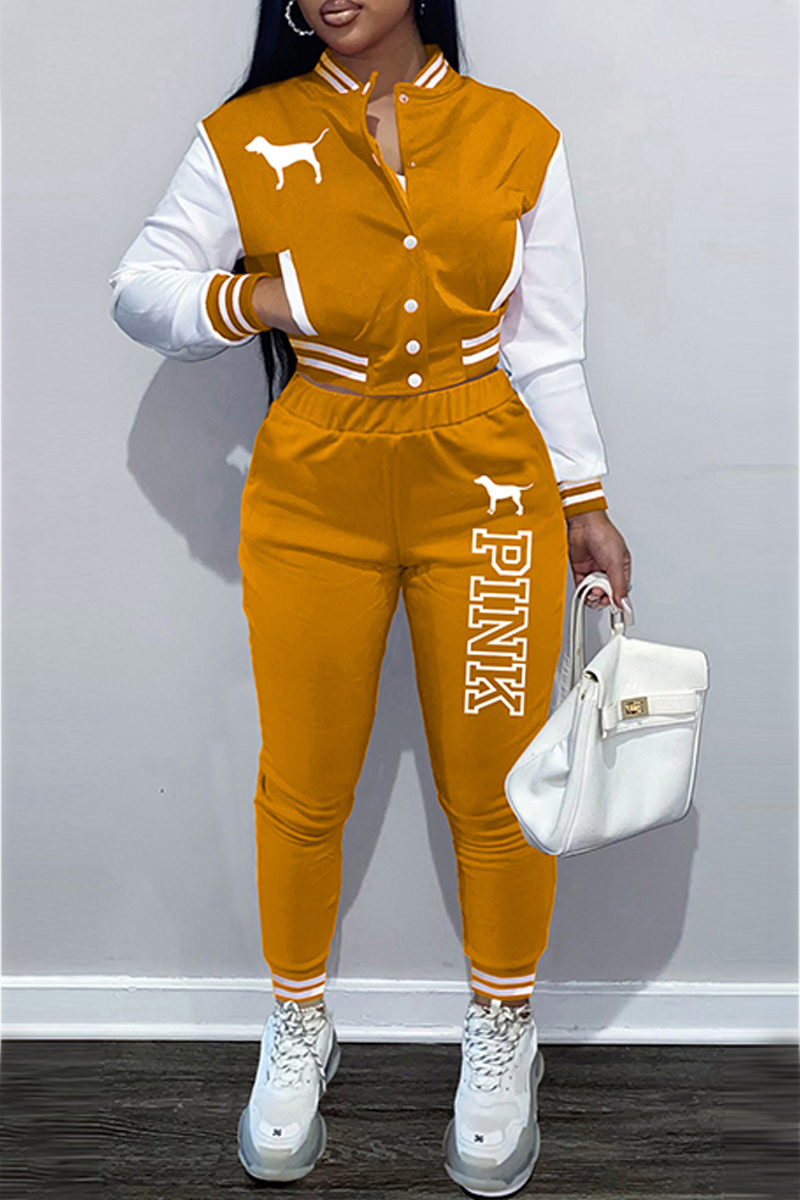 

Orange Street Print Letter Mandarin Collar Long Sleeve Two Pieces