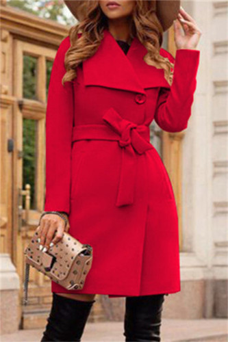 Vêtement d'extérieur à col rabattu et patchwork uni décontracté rouge