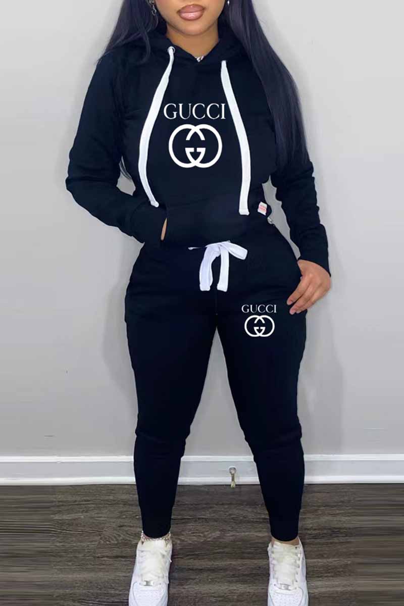 

Black Casual Print Letter Hooded Collar Long Sleeve Two Pieces